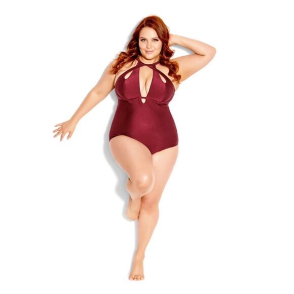 City Chic Merlot Cancun Underwire One Piece Swimsuit Sz.S(16) NWT - Picture 2 of 16